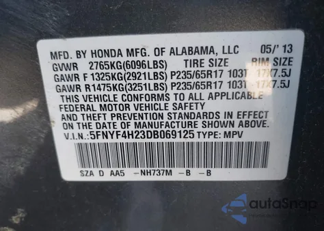 2013 Honda Pilot Lx from USA, damaged, VIN 5FNYF4H23DB069125
